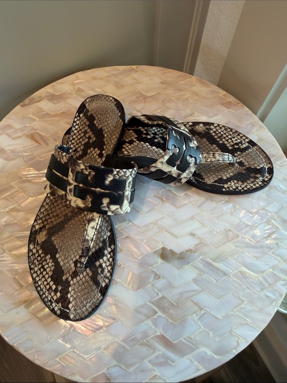 Tory Burch Snake-Print Thong Sandals in Black and Beige